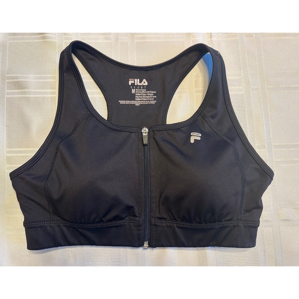Fila Sports Bra Womens M Black Front Zip Racerback Mesh Activewear Workout
